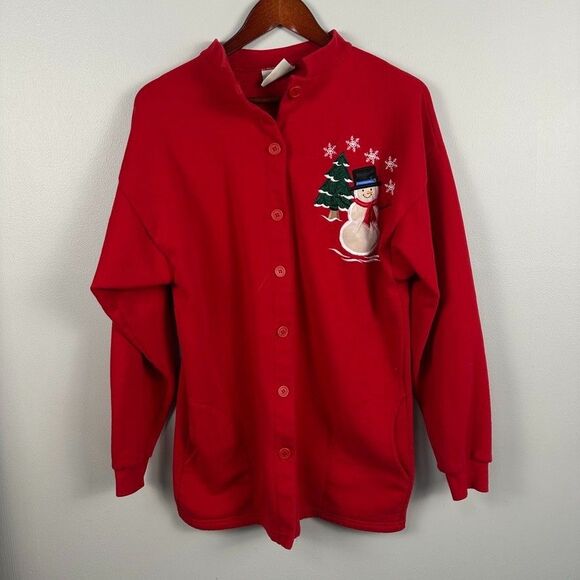 Vintage Pleasant  Womens XL Cardigan Sweater Winter Embroidered Snowman Red Warm - Picture 1 of 5